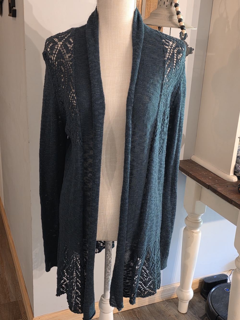 Vintage America Teal Open-Front Lace-Trim Cardigan Women's Small
